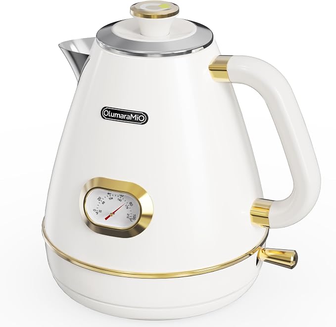 Olumaramio 1.7L Retro Electric Kettle with Thermometer, 1500W, Pearl White | 304 Stainless Steel, 1500W Fast Boiling, Auto Shut-Off, Boil-Dry Protection, BPA-Free