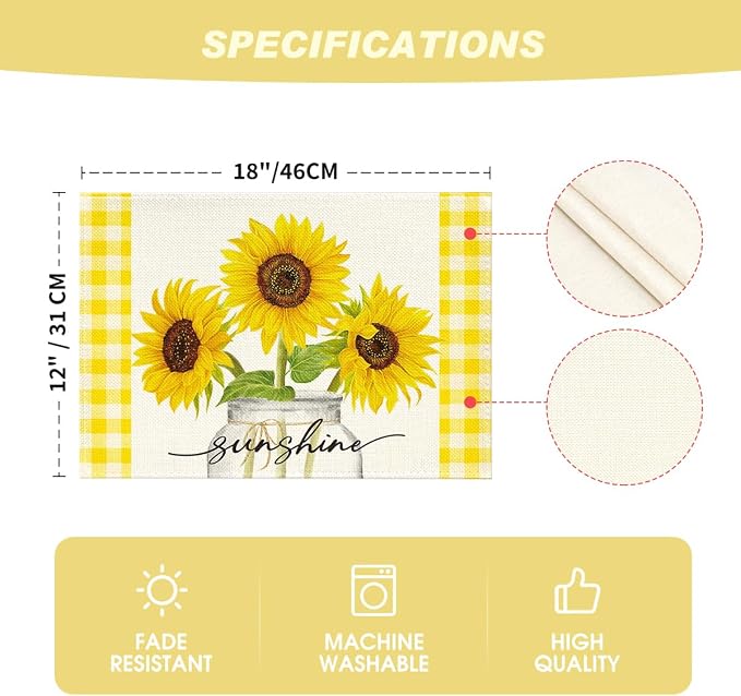 Artoid Mode Yellow Buffalo Plaid Sunflower Sunshine Vase Summer Placemats Set of 4, 12x18 Inch Spring Table Mats for Party Kitchen Dining Decoration