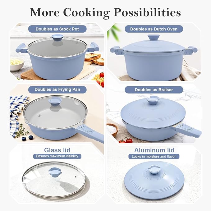 AIKENBBKK Pots and Pans Set Non Stick, Ceramic Cookware Set, Nonstick Steamer Pot and Pan for Cooking, Kitchen Cooking Set Non Toxic, Induction Compatible, Detachable Handle, Oven Safe, PFOA Free,Blue