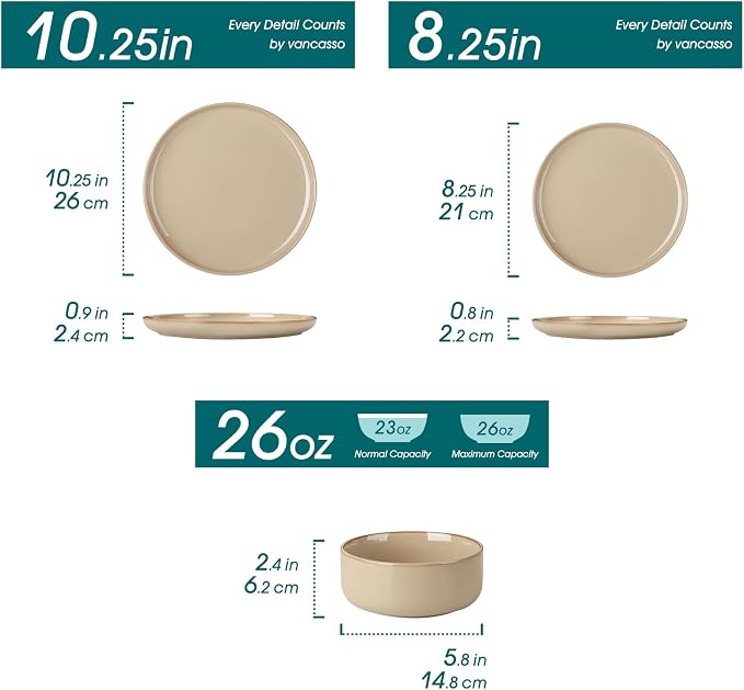 vancasso PLAYA Ceramic Plates and Bowls Sets, 24 Pieces Brown Dinnerware Sets for Kitchen, Reactive Glaze Dishes Set for 8, Dishwasher and Microwave Safe