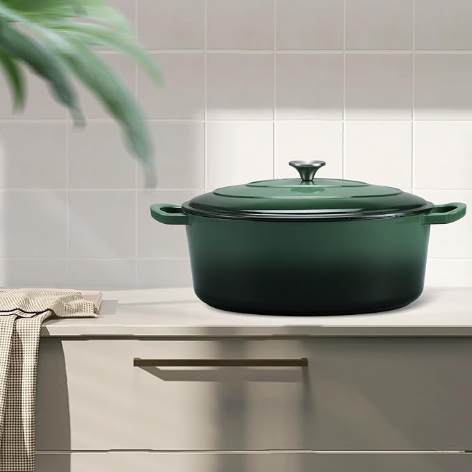 5QT Oval Dutch Oven Pot with Lid, Leonyo 5 Quart Enameled Oval Cast Iron Dutch Oven for Sourdough Bread Breaking, Heavy Duty Cookware for Braising, Stews, Roasting, Emerald