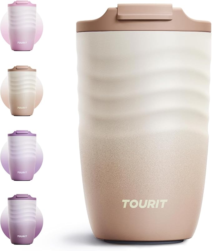 TOURIT 12 oz Travel Coffee Mug, Vacuum Insulated Stainless Steel Tumbler with Ripple-Wave Anti-Slip Grip, Built-in Silicone Bottom for Quiet & Stable, Leak-Proof Lid, Fits Car Cup Holder, Light khaki