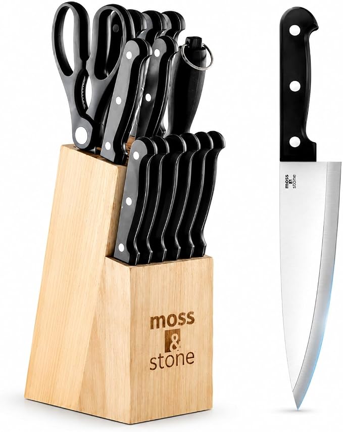 Moss & Stone 14 Pcs Kitchen Knife Set with Block, Stainless Steel | Premium forged kitchen knives with high-carbon sharp blades, ergonomic handle, rust-resistant knife block set for home & chef