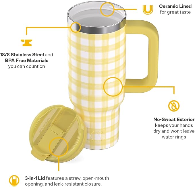 RTIC 30 oz Road Trip Tumbler Double-Walled Ceramic Lined InsulatedStainless Steel Portable Travel Coffee Mug Cup with Lid, Handle and Straw, Sunlight Gingham