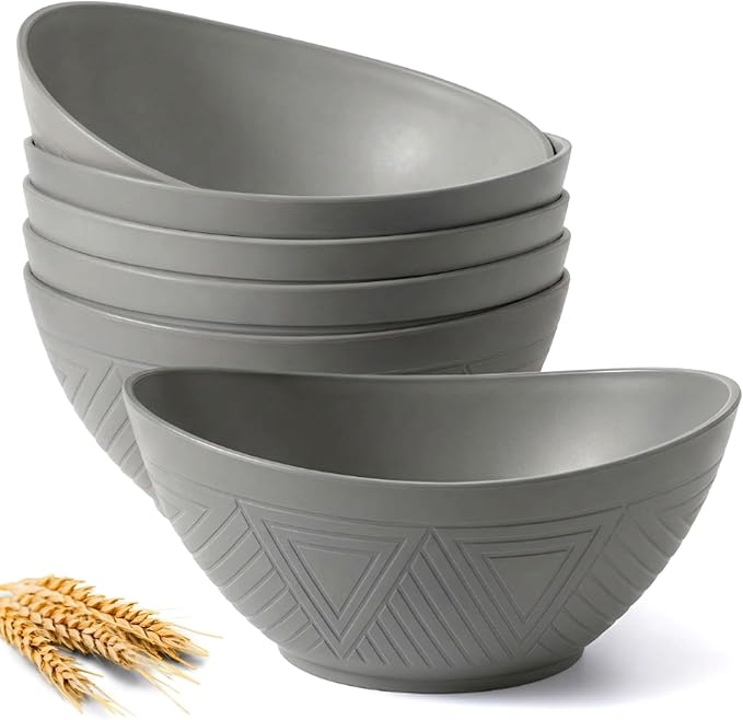 Wheat Straw Bowls, Large Salad Bowls Set of 6-60 OZ Serving Bowl for Kitchen, Camping, Party - Unbreakablke Microwave and Dishwasher Safe Big Cereal Bowl, Large Soup Bowl - Grey