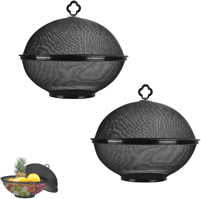 Fruit Fly Proof Fruit Storage Basket, Metal Mesh Fruit Bowl w Lid Black2PCS | Decorative Fruit Bowls Kitchen Counter Storage for Fruits & Veggies