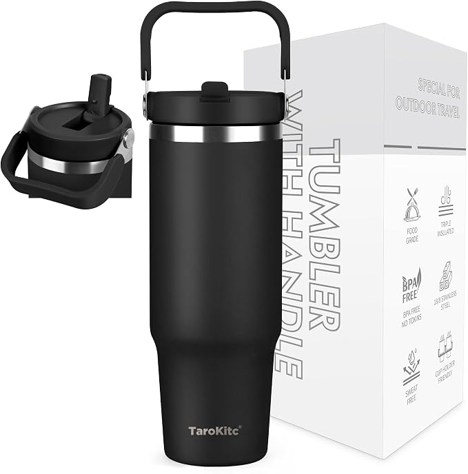 TaroKitc 30 oz Tumbler with Handle and Flip Straw, Triple-Wall Vacuum Insulated Water Bottle, Leakproof Reusable Travel Mug for Home, Outdoors, Fit in Car Cup Holder, Cold for 30 Hrs,Black