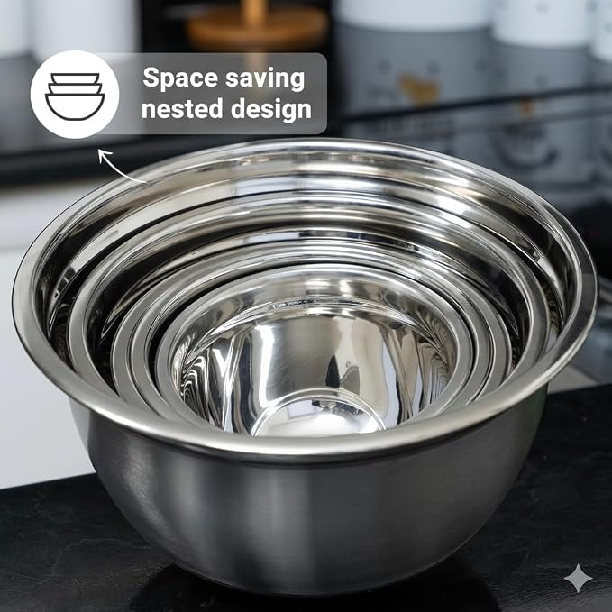 Stainless Steel Mixing Bowls with Lids, 5-Piece Nesting Set | Set includes 5, 3, 1.5, 1 & .75 Quart Rustproof Metal Bowls for Kitchen, Meal Prep, Baking, Cooking, Storage, Dishwasher Safe