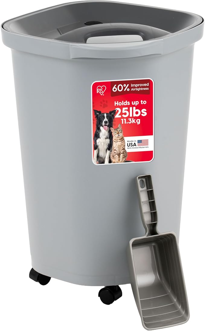 IRIS USA Dog Food Storage Container, Up to 25 lbs, Gray/Dark Gray | Made in USA, Comes with Wheels & 2-Cup Scoop, Airtight Seal, BPA-Free, Bird Seed, Cat food, Cat Litter, Treats, Pellets