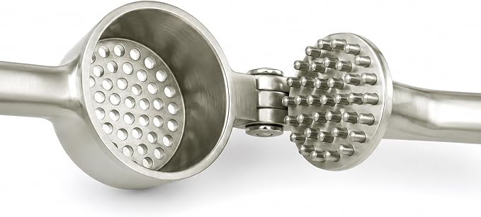 Heavy Duty Garlic Press with Zinc Alloy Handle & Stainless Steel Chamber, 61 Holes Garlic Mincer & Crusher, No Peeling Required, Includes Silicone Garlic Peeler & Cleaning Brush, Silver
