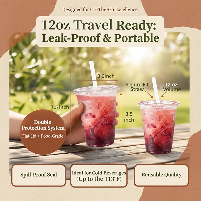 110 Pack 12 oz Disposable Clear Plastic Cups with Lids and Straws | To Go,BPA-Free,Heavy Duty,Leak-Resistant,for Iced Coffee,Cold Drink,Smoothie,Matcha,Juice,Dirty Soda,Party,Small Size,Bulk