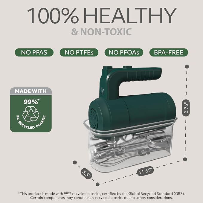 WILLOW Eco Series Electric Hand Mixer, 5 Speed Ultra Power Handheld Mixer with Stainless Steel Whisks, Beaters & Dough Hooks + Eject Button, 350W Kitchen Mixer with Snap-On Storage Case - GREEN