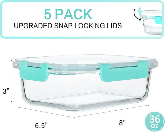 M MCIRCO 5 Pack 36 oz Glass Food Storage Containers with Lids, Green | Glass Meal Prep Containers,Airtight Lunch Containers with Lids, Microwave, Oven, Freezer and Dishwasher, BPA Free, 4.5 Cup