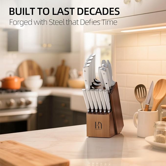 KnifeSaga 15 Pcs Japanese Knife Set with Sharpener, Premuim, Razor Sharp | Innovative Steel, High Carbon Stainless, Enduring Sharpness, Ergonomic Handle, Quality Acacia Wood Block, Full-tang, Gift Box