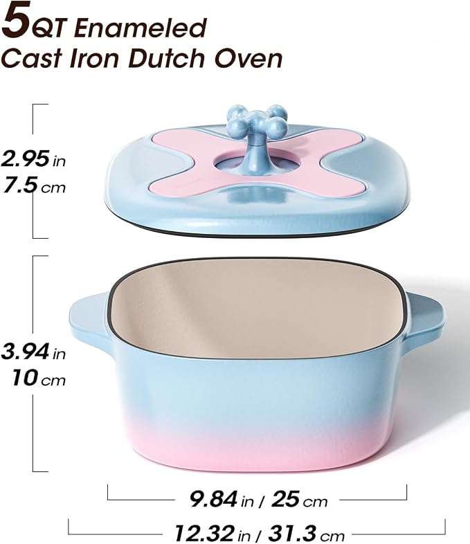 5 Qt Enameled Cast Iron Oval Dutch Oven with Lid, Light Blue | 6-Layer Nonstick Enamel, Extra Capacity Oval Design, Heavy Self-Basting Lid, Heat-Resistant Silicone Pad Included
