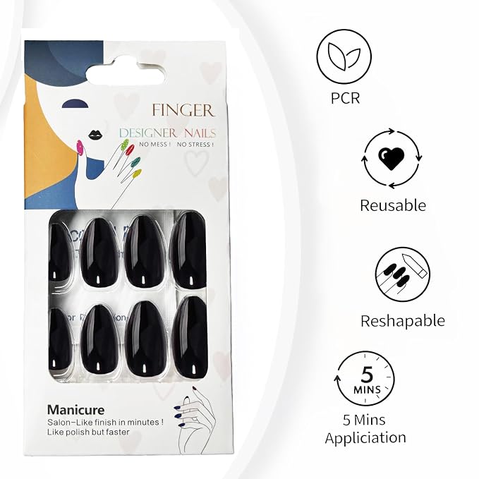 Black Press On Nail Short Almond,Fit Perfectly,Natural Reusable | UV Finish, Artificial Nails , 2+Weeks Wear, Salon Quality Nails, 12 Sizes, 24-Piece, with Glue