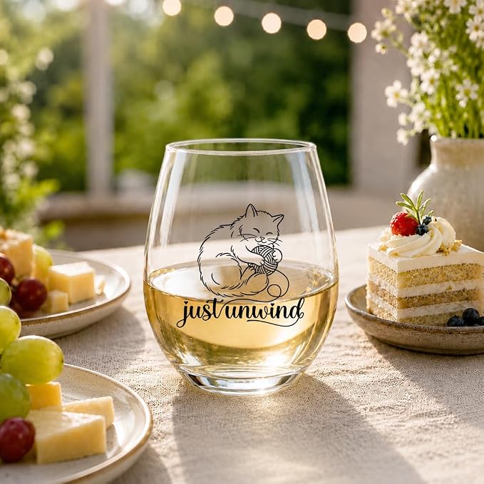 Just Unwind Stemless Wine Glass, Cute Sleeping Cat Print Clear Crystal Wine Glass, Funny Relaxation Gifts for Cat Lovers, Lead-Free Drinking Glasses for Home Bar, Christmas, Birthday Gifts