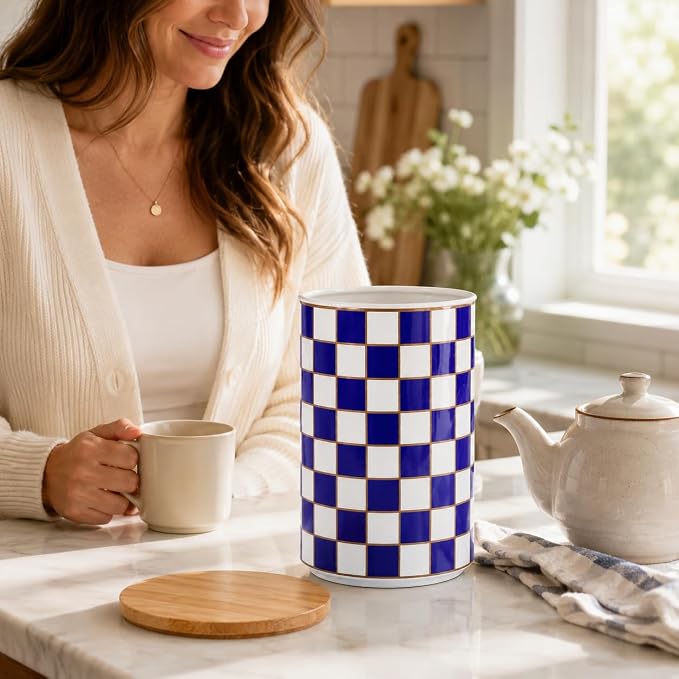 Kitchen Countertop Ceramic Checkered Canisters,Black And White Food Storage Containers With Lid,Airtight Kitchen Canisters for Flour, Sugar, Coffee, Tea, and Dry Goods (Blue, XL)