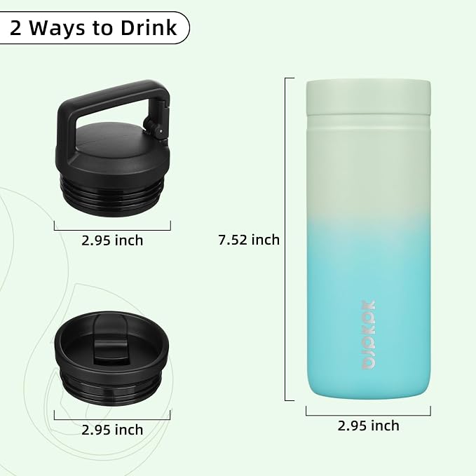 BJPKPK 20 oz Insulated Travel Water Bottle, Coffee Tumbler Stainless Steel | Double Wall Vacuum, Leakproof, Thermal, Keeps Hot/Cold, BPA Free, Dishwasher Safe, Spill Proof, Wide Mouth, 2 Lids, Mint