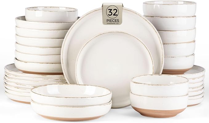 AmorArc Dinnerware Sets for 8, 32 Pieces Ceramic Plates and Bowls Set | Scratch Resistant Stoneware Dishes Set, Dishwasher & Microwave Safe, Light Beige