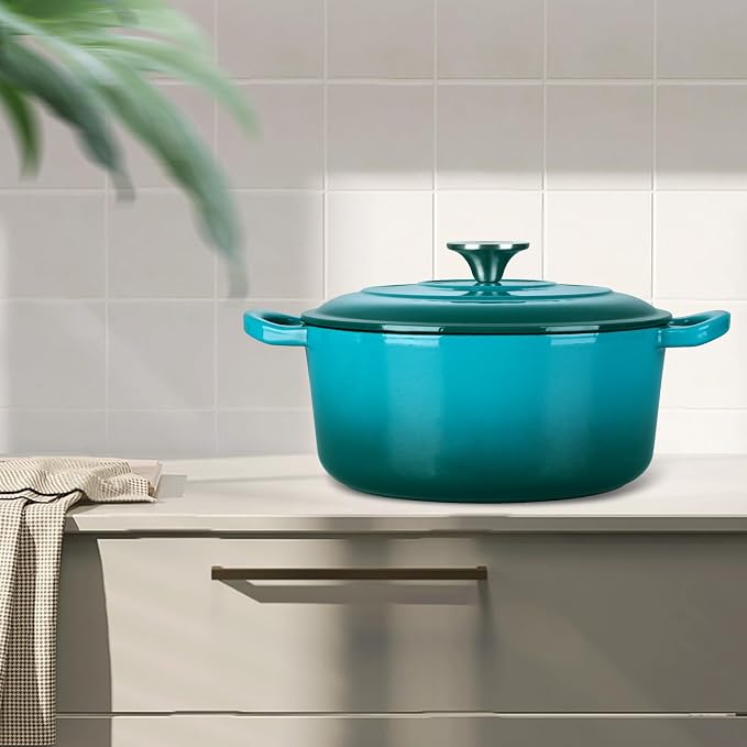 3QT Dutch Oven Pot with Lid, Leonyo 3 Quart Enameled Cast Iron Dutch Oven for Sourdough Bread Baking, Heavy Duty Cookware for Braising, Stews, Roasting, Lake Green
