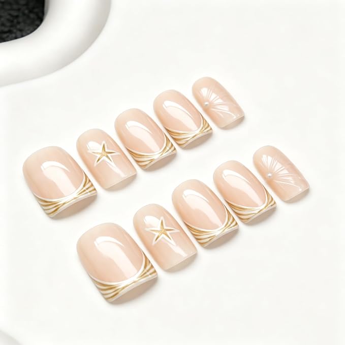 Summer Handmade Press on Nails Starfish Fake Nails Designs Beach Muti-Layer Gel Thick Acrylic Nail Full Cover Beach Handmade Short Square False Nails French Tip Stick on Nail for Women (S)
