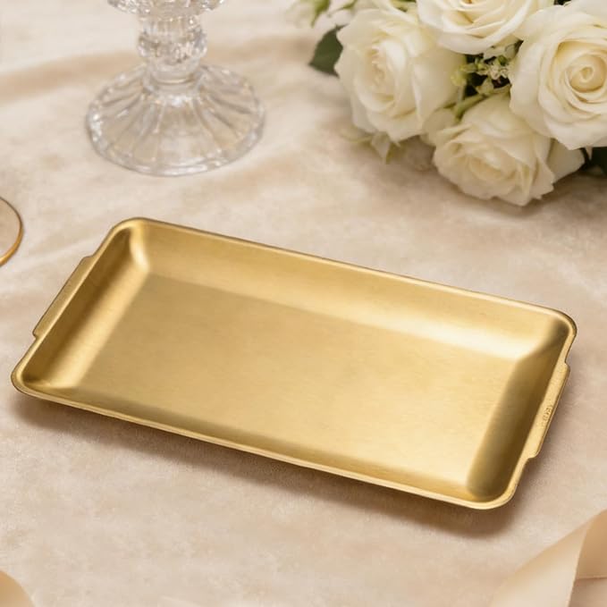 304 Stainless Steel Food Serving Tray, 12.6 Inch Rectangular Serving Tray Platters with Brushed Finish, Ideal for Kitchen Party Organizer Dining Buffet and Outdoor Events (Gold)