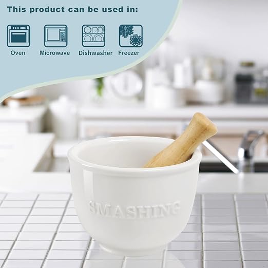 Wooden Procelain Mortar and Pestle Set, Ceramic Pill Crusher Spice Grinder, Herb Bowl, 3.7 inch White