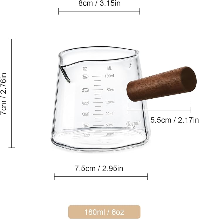 Joeyan 6 oz Glass Measuring Cup with Double Spouts,Borosilicate Espresso Shot Glasses with Wooden Handle,Claer Measuring Triple Milk Frothing Pitcher for Coffee Tea
