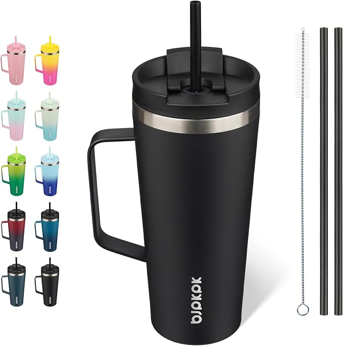 BJPKPK 22oz Insulated Tumbler with Handle, Lid & Straw, Stainless Steel | Double Wall Vacuum Insulated Coffee Travel Mug - Keeps Cold & Hot, BPA Free, Cupholder Fit for Office, Gym & Travel