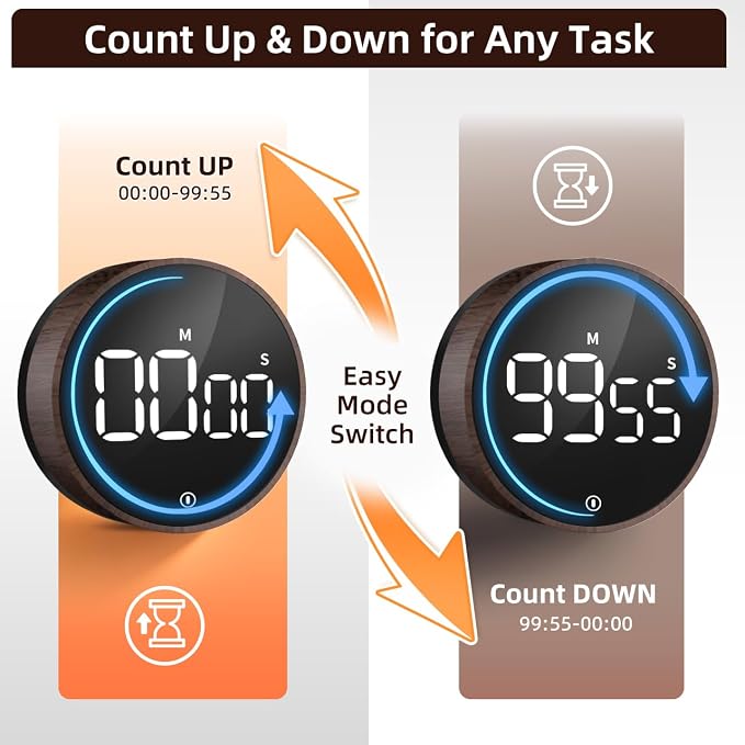 Digital Magnetic Kitchen Timer & Stopwatch with LED Display, Woodgrain | Up to 99:55 Countdown & Count Up , Easy Twist Control, Adjustable Volume & Brightness, Magnetic Back, Battery Powered