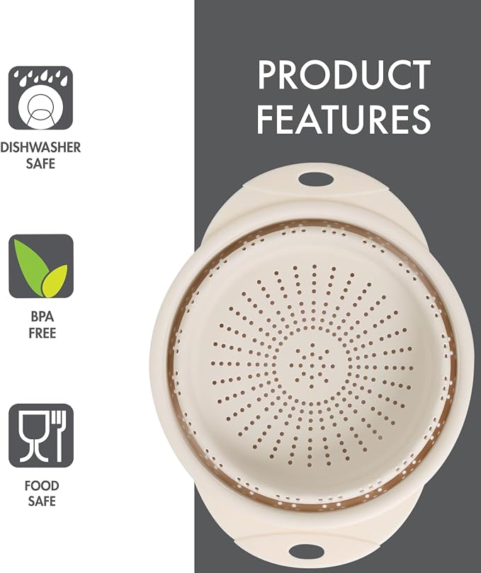Dexas 10" Collapsible Silicone Colander in Cream, Kitchen Strainer with Handles, 15.1 Cup Capacity | BPA-Free, Heat-Resistant, Space-Saving Kitchen Tool