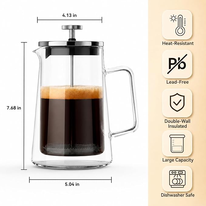 34oz Double Wall Glass French Press Coffee Maker, Borosilicate Glass, Heat Resistant
