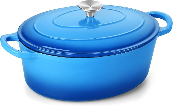 TeamFar 7QT Oval Dutch Oven, Enameled Cast Iron Dutch Oven Pot with Lid | For Bread Baking/Stewing/Braising/Frying, Suitable for Various Stoves, Non-stick & Easy Clean, Blue