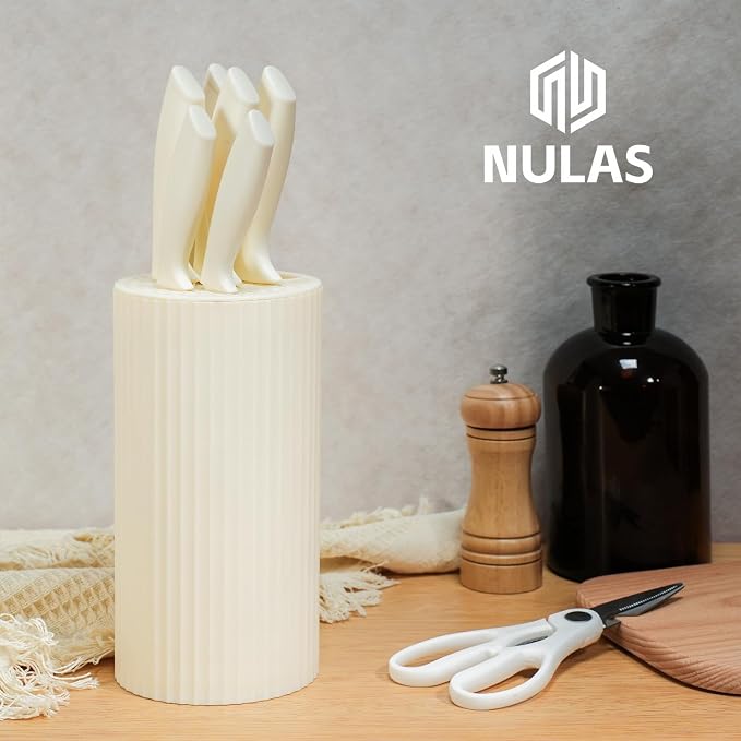 Knife Set, 8-Piece Kitchen Knife Set with Universal Block - Anti-Rust Chef Knives, Ergonomic Design, Dishwasher Safe (Cream)