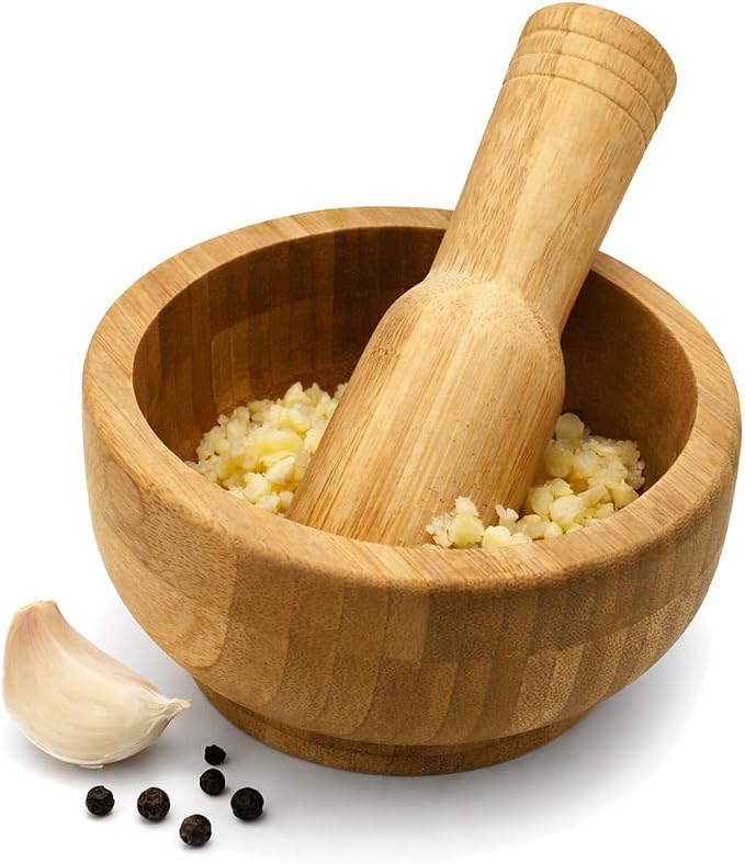 5 Inch Bamboo Mortar and Pestle Set, Wooden Herb Grinder Bowl for Garlic Ginger Spices Seeds Pepper Coffee, Manual Spice Crusher Grinding Bowl