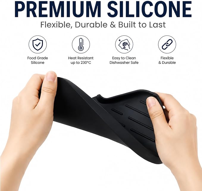MicoYang Silicone Soap Dish with Drain Spout — Self-Draining Sink Organizer Tray for Bathroom & Kitchen, Sponges, Dispensers & Soap Holder, Non-Slip & Dishwasher Safe, Black (Medium, 9.6"×5.3")