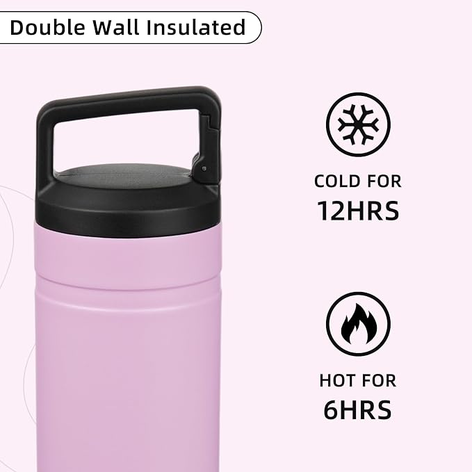 BJPKPK 20 oz Insulated Travel Water Bottle, Coffee Tumbler Stainless Steel | Double Wall Vacuum, Leakproof, Thermal, Keeps Hot/Cold, Dishwasher Safe, Spill Proof, Wide Mouth, 2 Lids, Light Pink