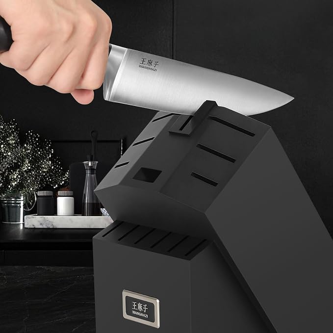 15 Pcs Knife Set with Block, Dishwasher Safe Kitchen Knife Set with Built in Sharpener Block, High Carbon Stainless Steel Dishwasher Safe Knives with Ergonomic Handles for Chef, Black Pro
