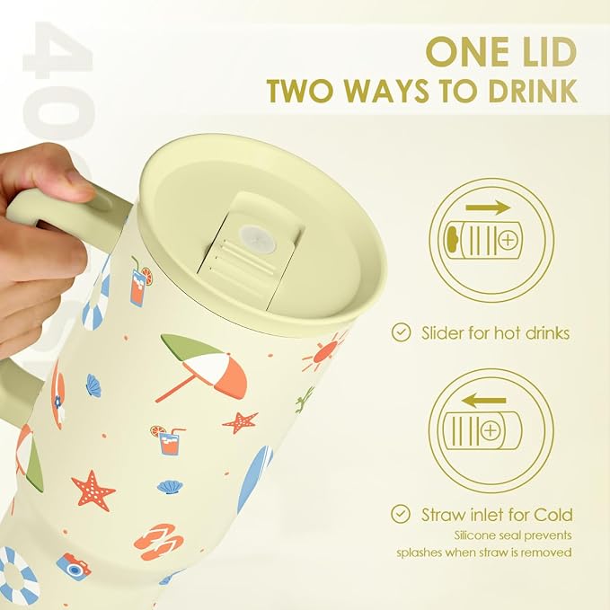 SANDJEST Beach 40oz Tumbler with Handle and Straw, Insulated Stainless Steel Travel Coffee Mug for Women Girls Beach Lovers, Gift Idea for Birthday Christmas Mothers Day Summer Vacation (Color)
