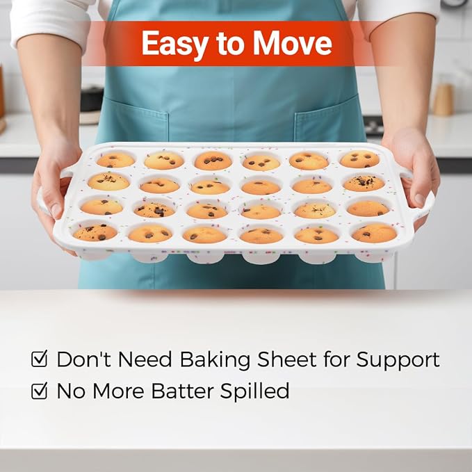 CAKETIME Silicone Mini Muffin Pan, Metal Reinforced Frame 24 Cups Cupcake Pan with Handle Nonstick for Baking Muffins, Cupcakes, Egg Bites