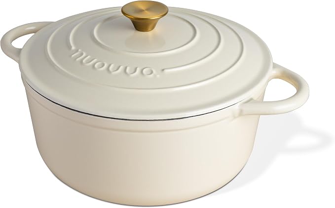 Cast Iron Pot with Lid-Non-Stick Ovenproof Enamelled Casserole Pot, Oven Safe up to 500° F-Sturdy Dutch Oven Cookware - Cream, 5-Quart, 24cm-by Nuovva