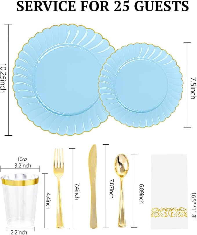 YOUBET 175PCS Light Blue Scalloped Plastic Plates for Party Wedding | Blue Disposable Dinnerware Set Include 50 Plates, 75 Gold Silverware, 25 Cups, 25 Napkins for Baby Shower