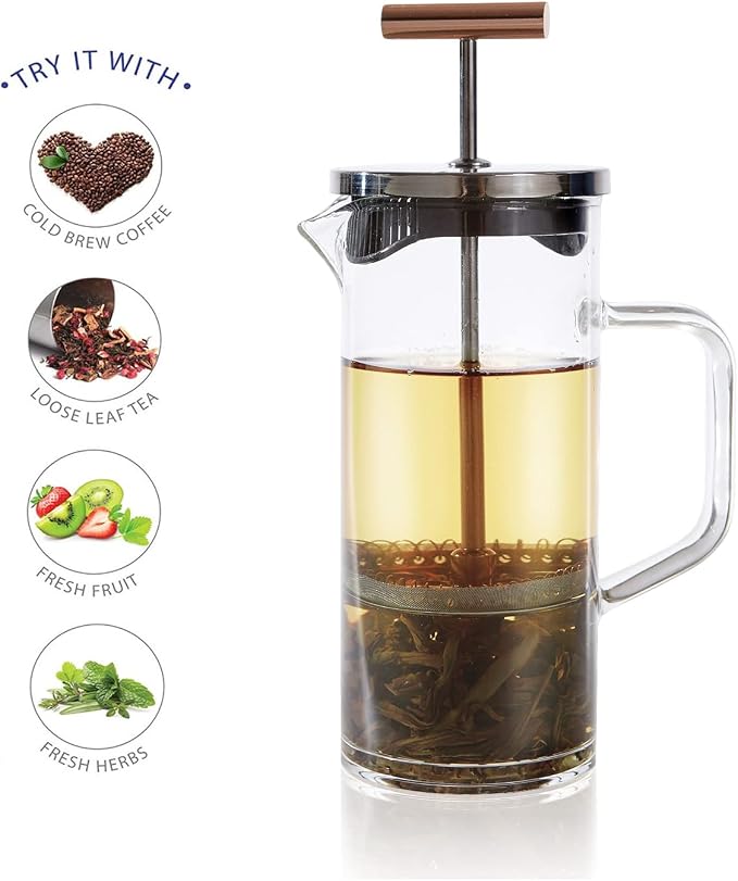 Teabloom Tea Press with Copper Pull Handle and Stainless Steel Filter – Tea Connoisseur's Choice – Pekoe Tea Maker, 12-Ounce
