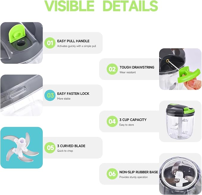 Manual Food Processor Vegetable Chopper, Portable Hand Pull String Garlic Mincer Onion Cutter for Veggies, Ginger, Fruits, Nuts, Herbs, etc., （900ml,Gray-green）