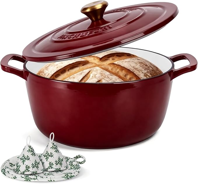 Enameled Cast Iron Dutch Oven 5.2 Qt with Lid, Red | For Sourdough Bread, Stews & Roasts, Oven Safe to 500F, Works on Gas, Electric & Induction Stovetops.