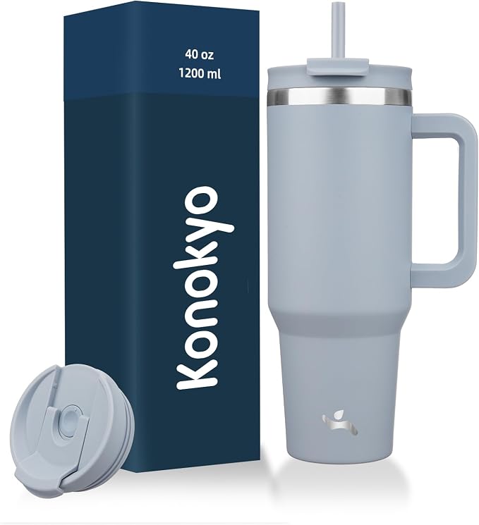 Konokyo 40 oz Insulated Tumbler Water Bottle with Handle, Straw Lid | BPA-free and dishwasher safe; made for gym, travel, coffee and gifting, 2 straws, cup holder friendly,Lavender