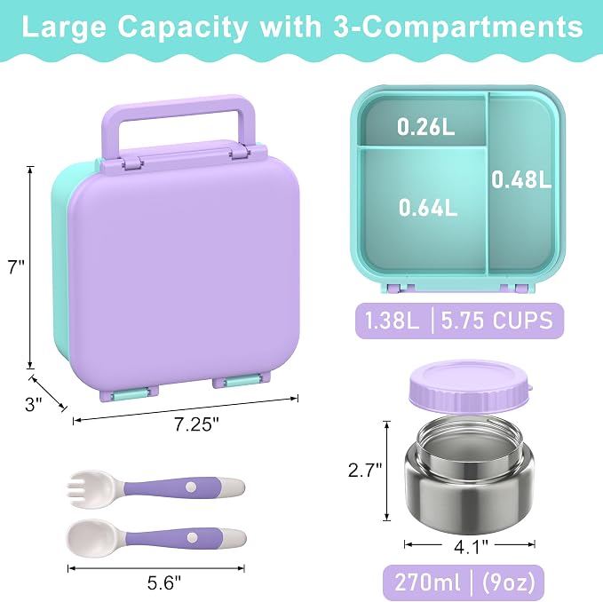 Kids Bento Lunch Box with Soup Thermo (9oz)– Hot & Cold Lunch Container with Leak Proof Insulated Food Jar for School Girls Boys, Ideal Size for Ages 3 to 7, Purple/Blue