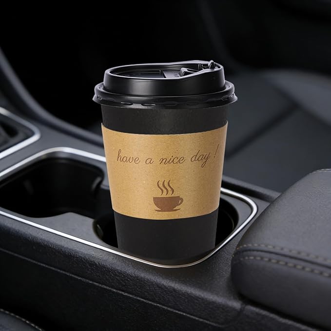 BYSNOW 20 oz 50 pack Disposable Paper Coffee Cups with Lids To Go Cups | Paper To Go Cups with Lids, Sleeves and Stirring Sticks, Hot Paper Cups for Home, Office and Party (Black 20oz)