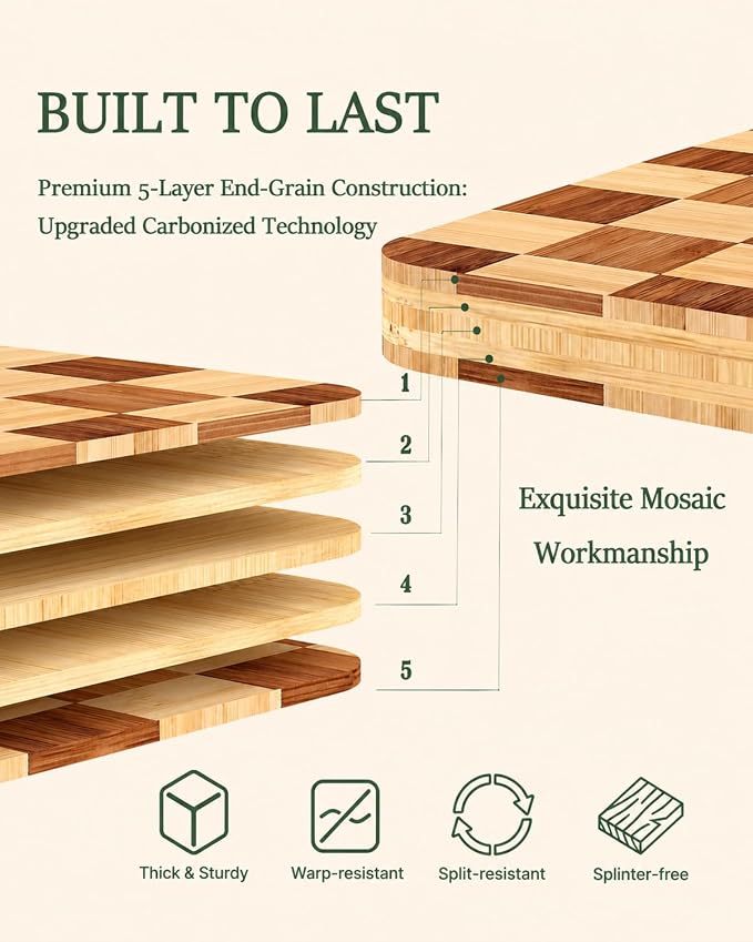 Bamboo Cutting Board 18" x 12", Heavy Duty End Grain Butcher Block for Kitchen, Wooden Chopping Board with Deep Juice Grooves and Handles for Cheese, Charcuterie, Meat, Serving and Gifting